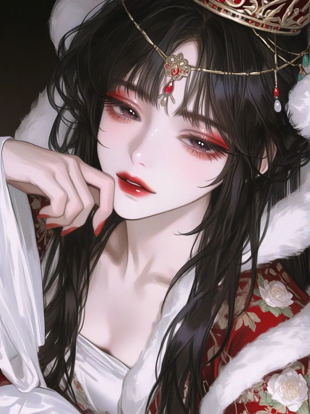 [semi-realistic-portrait-style], 1girl,สวมชุดแสดงงิ้วปักกิ่งสีขาวลายดอกไม้,ทาหน้าสีขาว,ทาขอบตาสีแดง,ทาริมฝีปากสีแดง,สวมมงกุฎจีนสีฟ้า,ผมยาวสีดำ