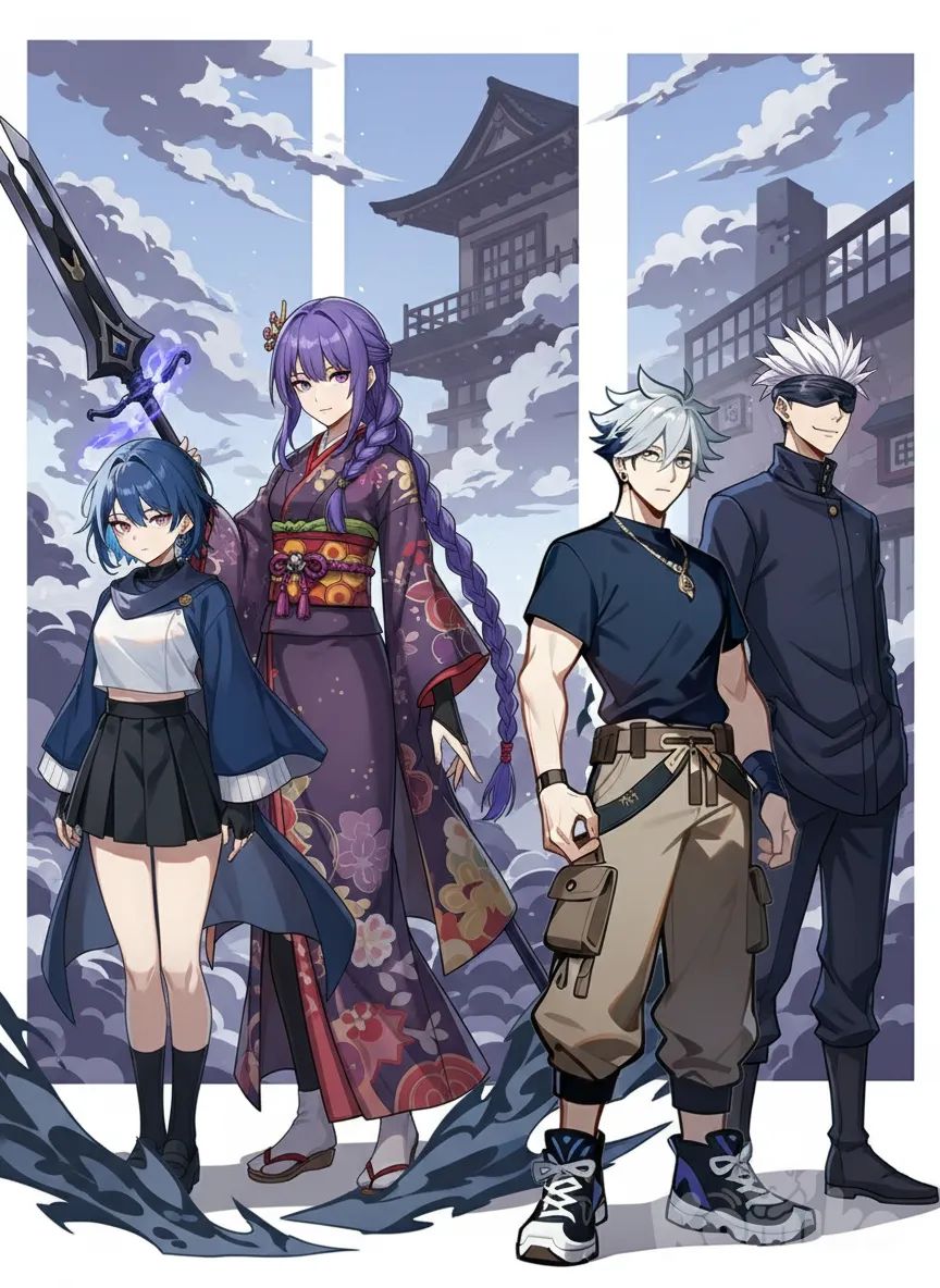 1boy, 1girl, 2people, <komiko-life-F4dm>, <shioma-Fahx>, Raiden Shogun, Gojou Satoru, anime style