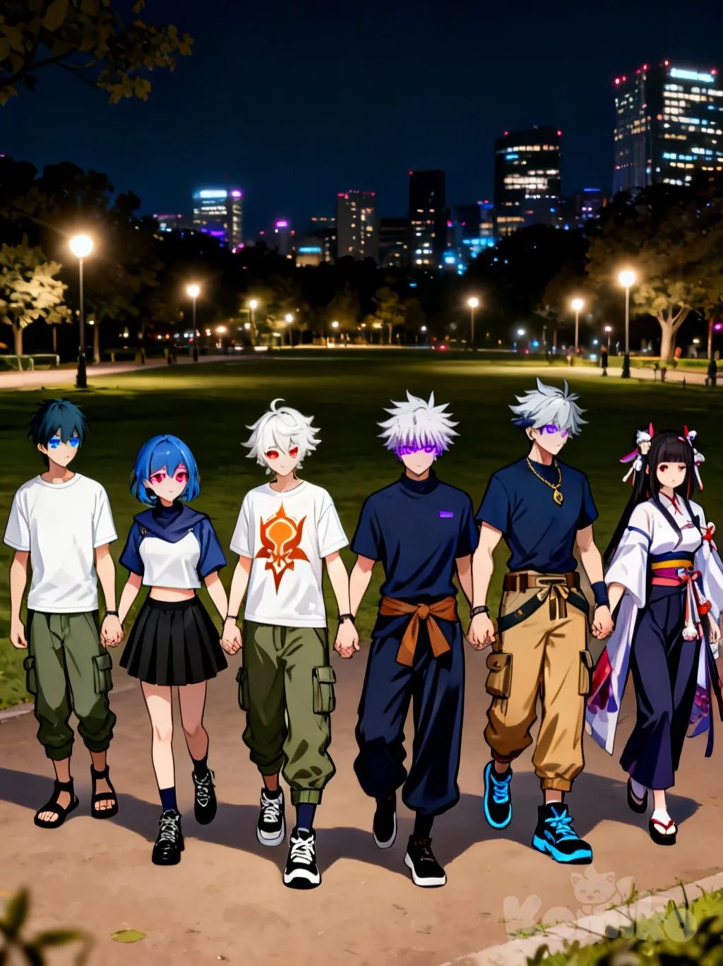 1boy, 2boys, 1boy, 1girl, 2people, 2girls, <brown-black-FPjr>, <tanjiro-Jcvu>, <komiko-life-F4dm>, <shioma-Fahx>, Furina (), Gojou Satoru, Ryoumen Sukuna (Jujutsu Kaisen), Yae Miko, anime coloring, holding hands, t-shirt, cargo pants, full body, city lights, cinematic lighting, night, clean background, park