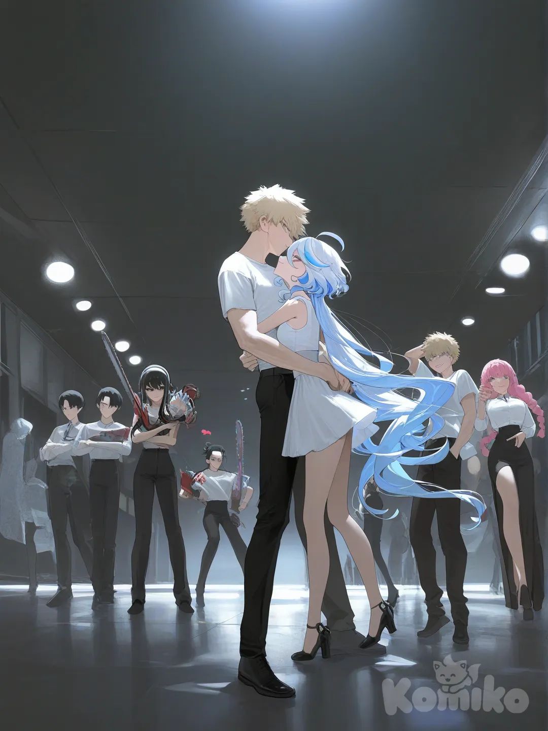headshot, full body, cinematic lighting, 1girl, 1boy, 1boy, 1girl, 2people, 2boys, Ganyu (Genshin Impact), Furina (Genshin Impact), Getou Suguru, Okkotsu Yuuta, Yor Briar, Kanroji Mitsuri, Makima (Chainsaw Man), Denji (Chainsaw Man), Bakugou Katsuki, Levi (Shingeki No Kyojin), [vibrant-anime-style], kissing, smile, evil smile, t-shirt
