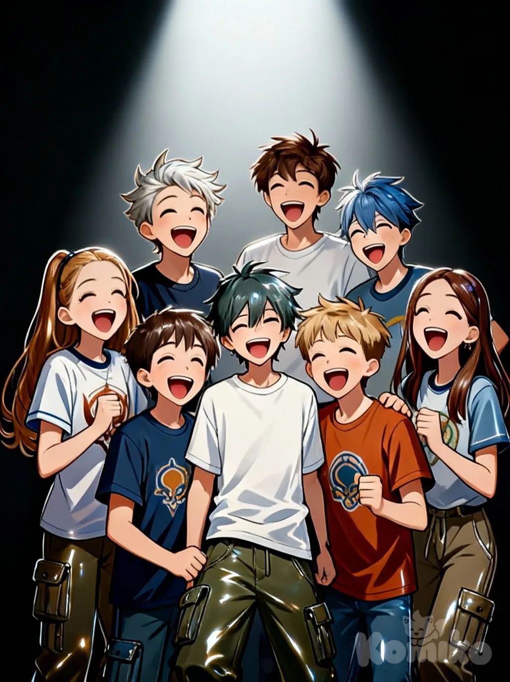 1boy, 1girl, 2boys, 2girls, 1boy, 1girl, 2people, @brown-black-FPjr, @tanjiro-Jcvu, @komiko-life-F4dm, @shioma-Fahx, t-shirt, cargo pants, cinematic lighting, [lacquered-illustration-style], smile, laughing, @Mira