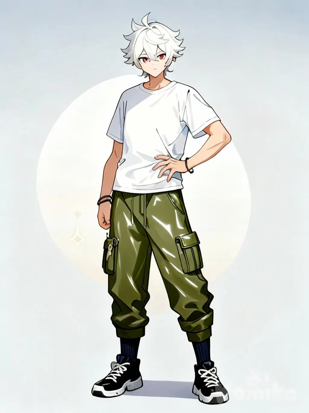 [high-gloss-illustration-style], @brown-black-FPjr, @tanjiro-Jcvu, @komiko-life-F4dm, @shioma-Fahx, t-shirt, cargo pants, full body, @Gojou_Satoru