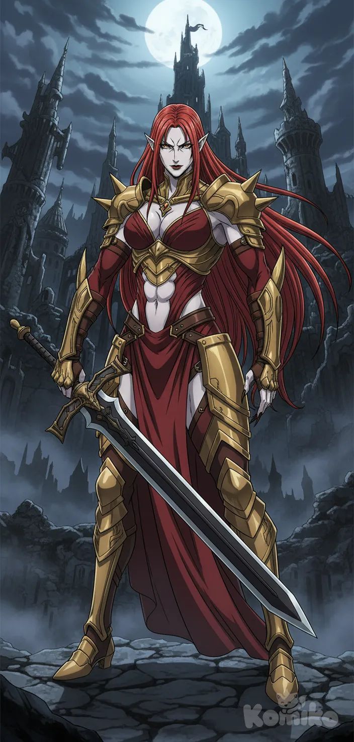 1girl, guerrera, cuerpo musculoso, cabello rojo, armadura provocativa, armadura detallada, full body, pose de pie, gran espada, paisaje de fondo,estilo de dibujo como la serie de castlevania