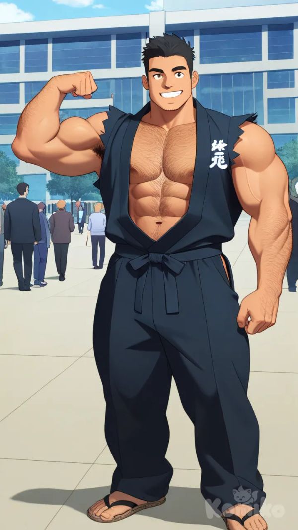 muscular, hairy, hunk, bodybuilder, abs, masculine, bara, bulging muscles, thick thighs, broad shoulders, strong, mature, rugged, body hair, beefy, macho, manly, toned, powerful, well-built, brawny, ripped, shredded, chiseled, defined, athletic, fit, handsome, attractive, black hair, full body, smile, metro, people watching, Tired, Spectators, anime screencap, anime coloring, lineart, comic shading, black and white manga style, 2D Anime, flexing, vibrant color, flat color, naked kimono, Samurai suit