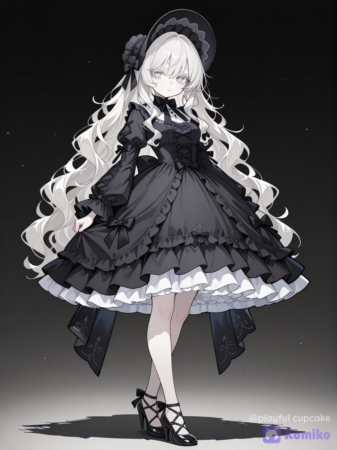 SMALL GIRL, lolita fashion, high heels, standing, very long hair, wavy hair