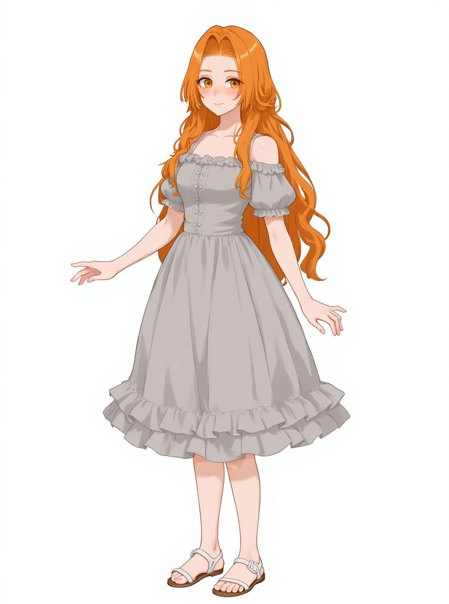 1girl, solo, beautiful, young, long_hair, wavy_hair, ginger_hair, orange_hair, blue_eyes, off-shoulder_dress, grey_dress, summer_dress, frills, ruffles, flowing_dress, character_sheet, multiple_views, full_body, standing_pose, close-up, blushing, heart_symbol, sitting, shy_expression, soft_shading, semi-realistic, muted_colors, pastel_colors, clean_lineart, high_quality, single_character, full_body, looking_at_viewer, anime_style, simple_background, white_background
