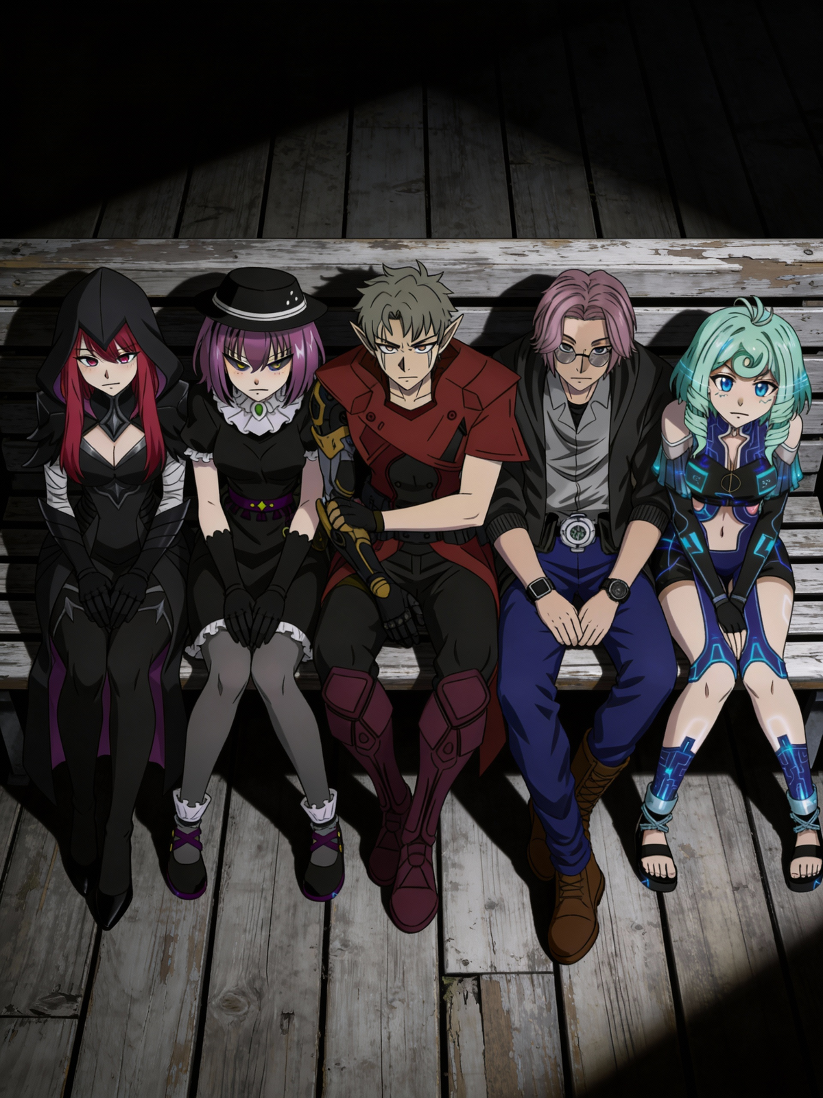 Strangers together on a bench waiting.
