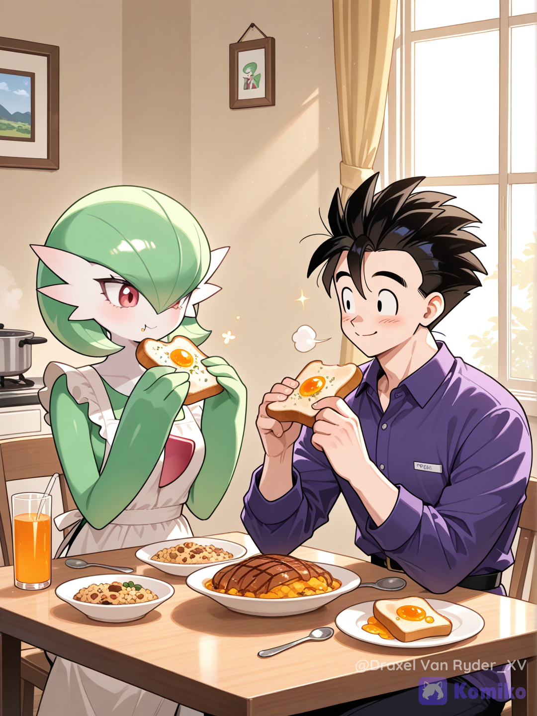 Gohan y Gardevoir, desayunando juntos