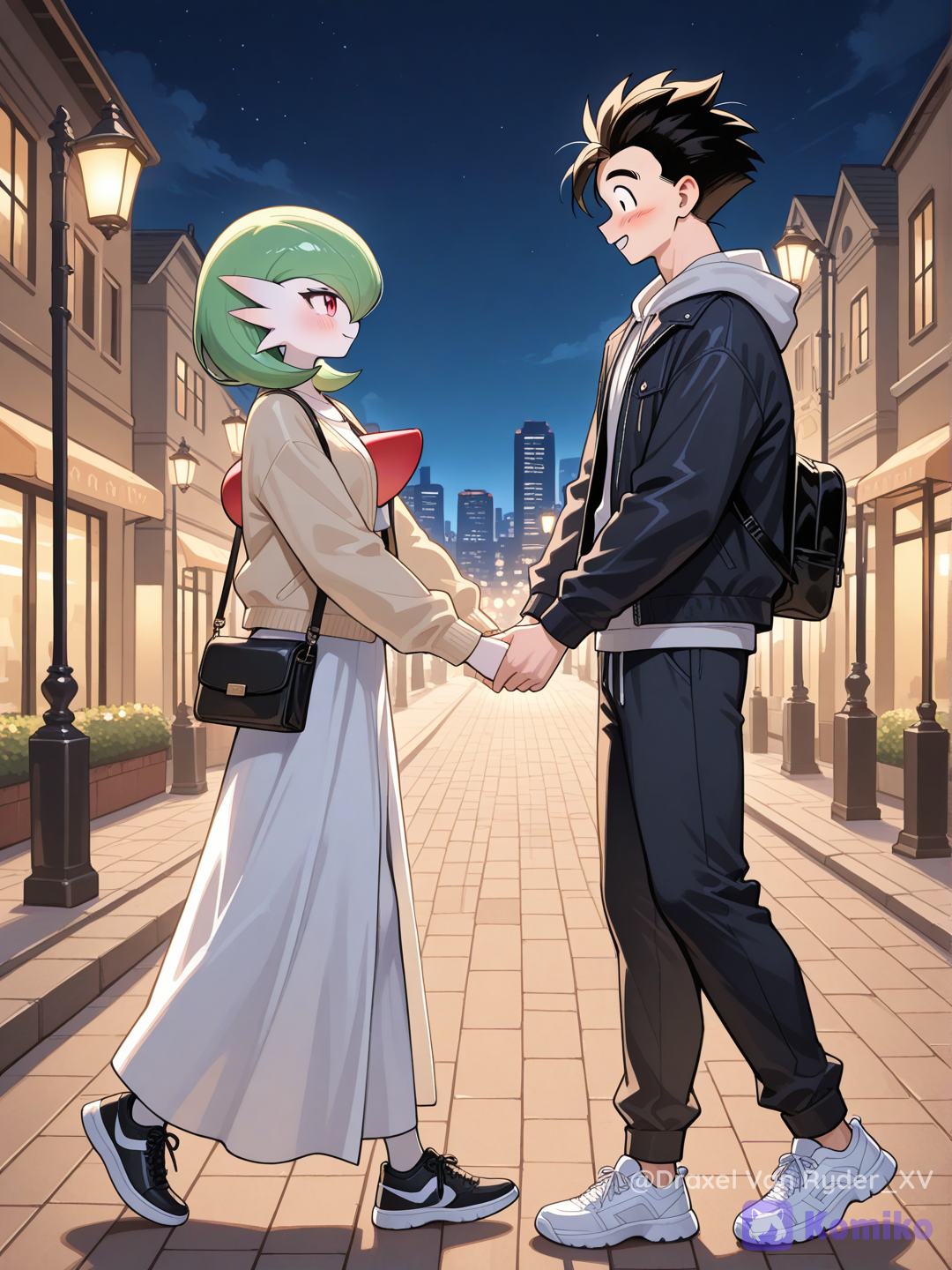 Gohan y Gardevoir disfrutando su paseo nocturno por la ciudad