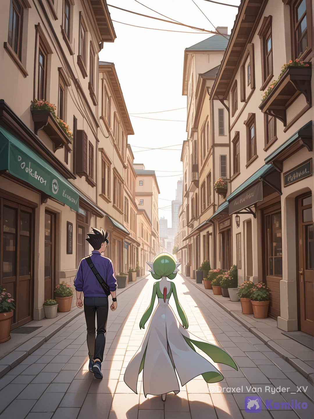 Gohan y Gardevoir, caminando por la ciudad en la mañana