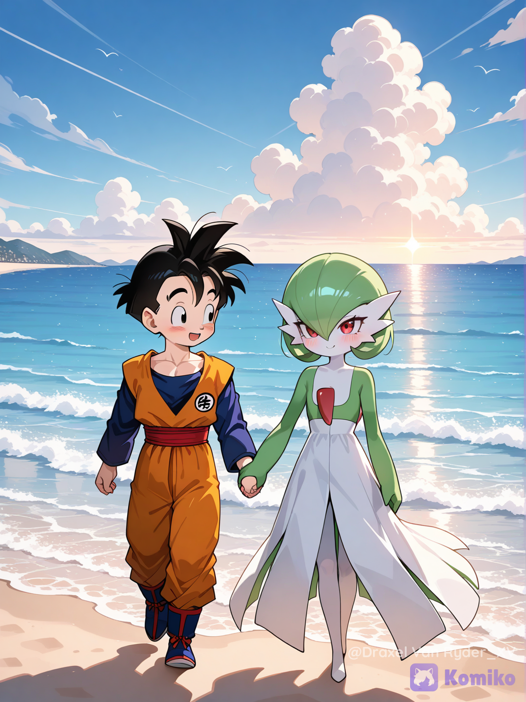 Gohan y Gardevoir, paseando por la playa