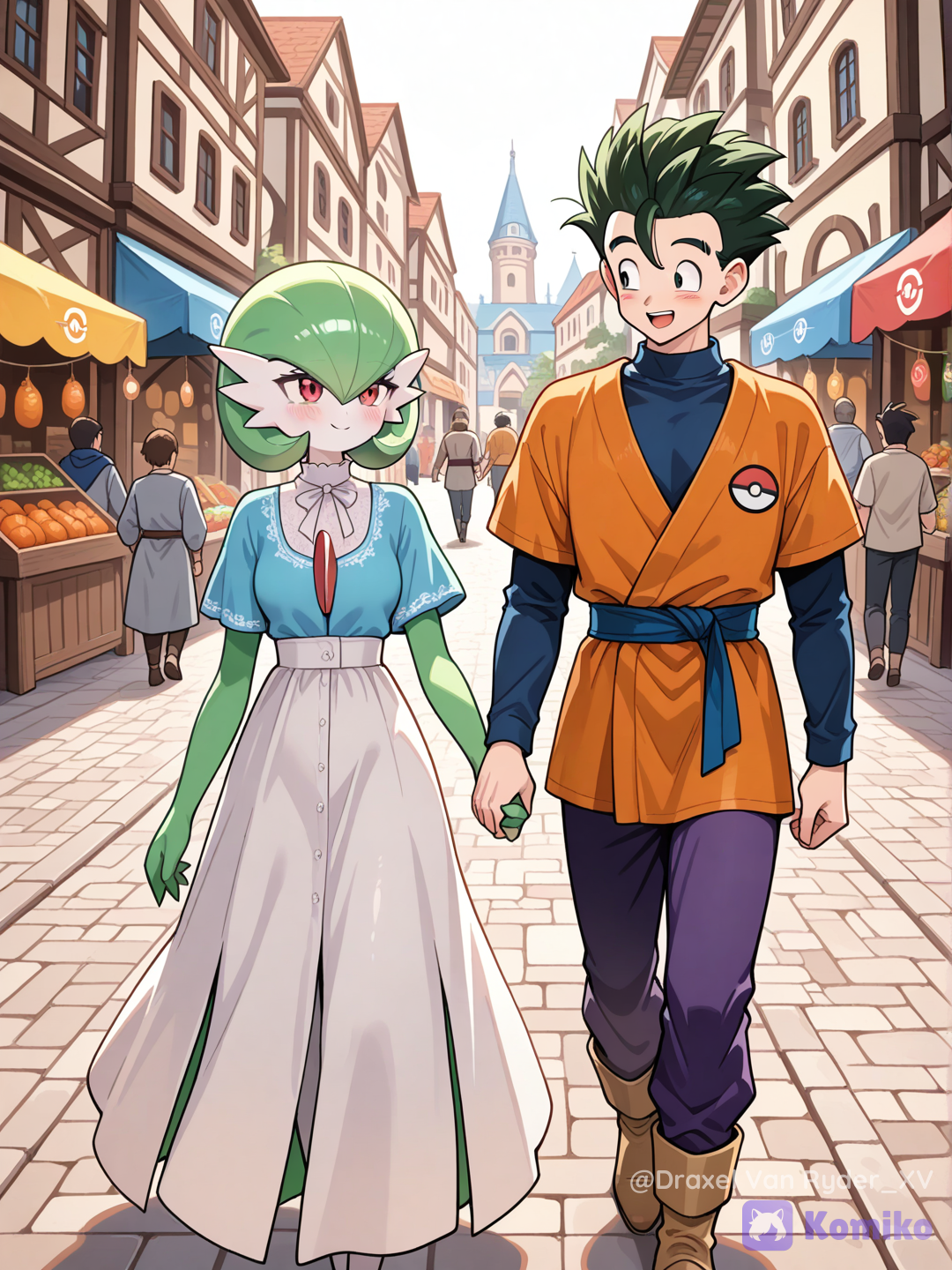 Gohan y Gardevoir, paseando por el mercado de la ciudad