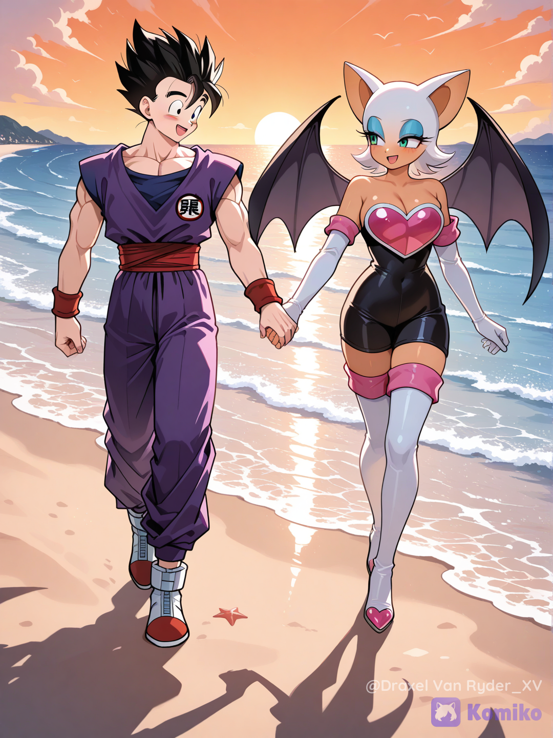 Gohan y Rouge The Bat paseando por la playa
