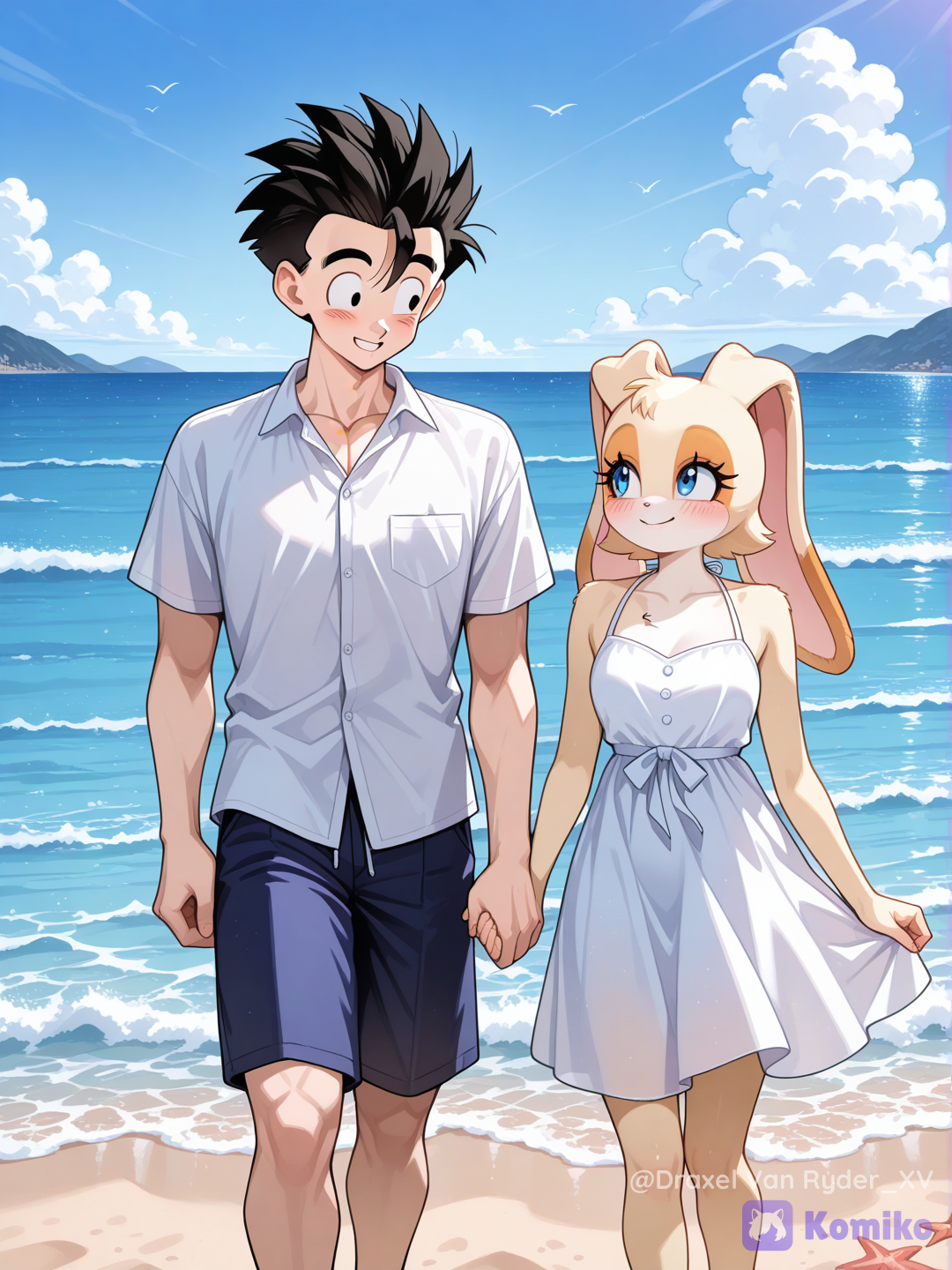 Gohan y Vanilla The Rabbit paseando por la playa
