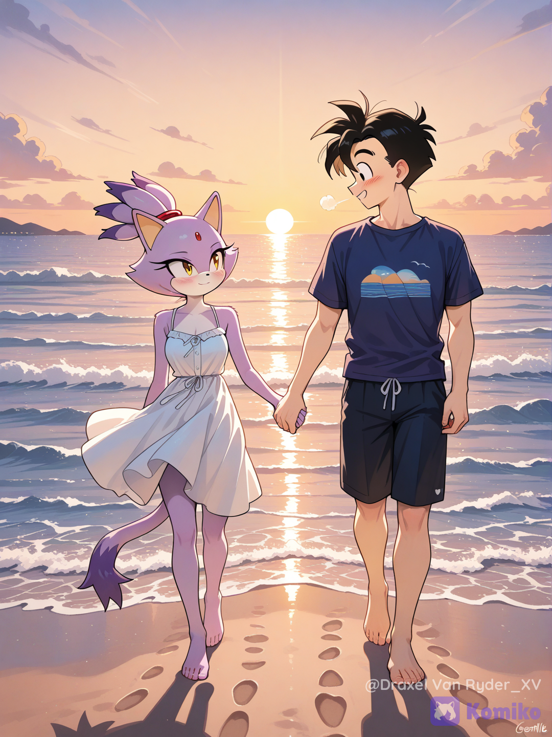 Gohan y Blaze The Cat, paseando por la playa bajo el atardecer