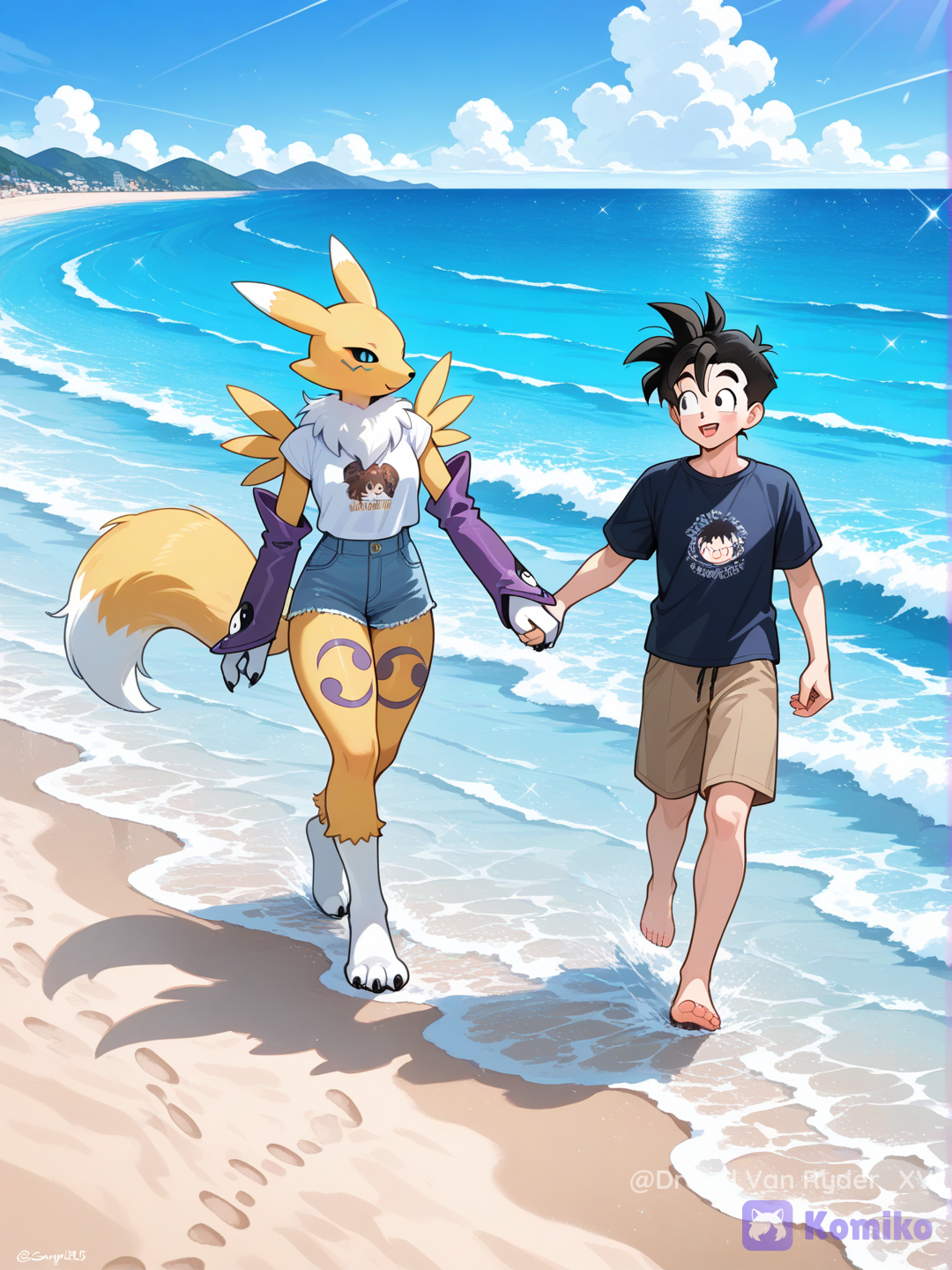 Gohan y Renamon paseando por la playa
