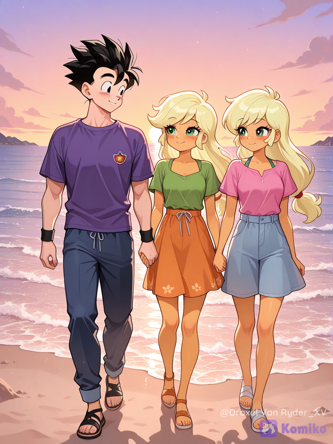 Gohan y Applejack paseando por la playa