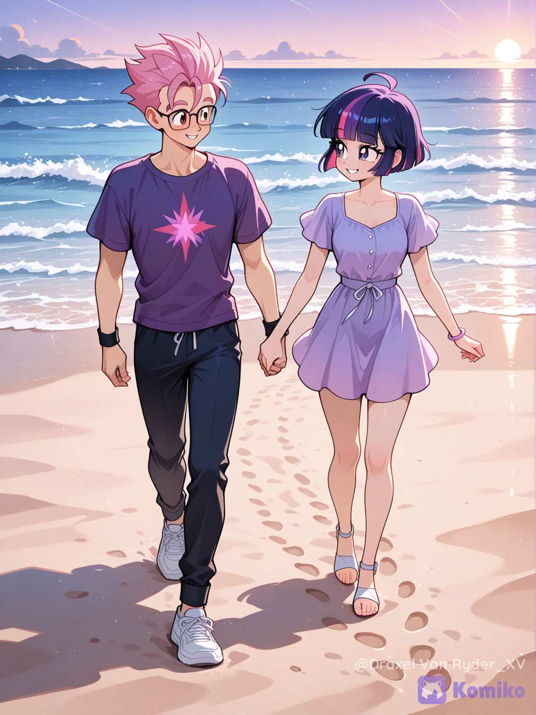 Gohan y Twilight Sparkle (Equestria Girls) paseando por la playa