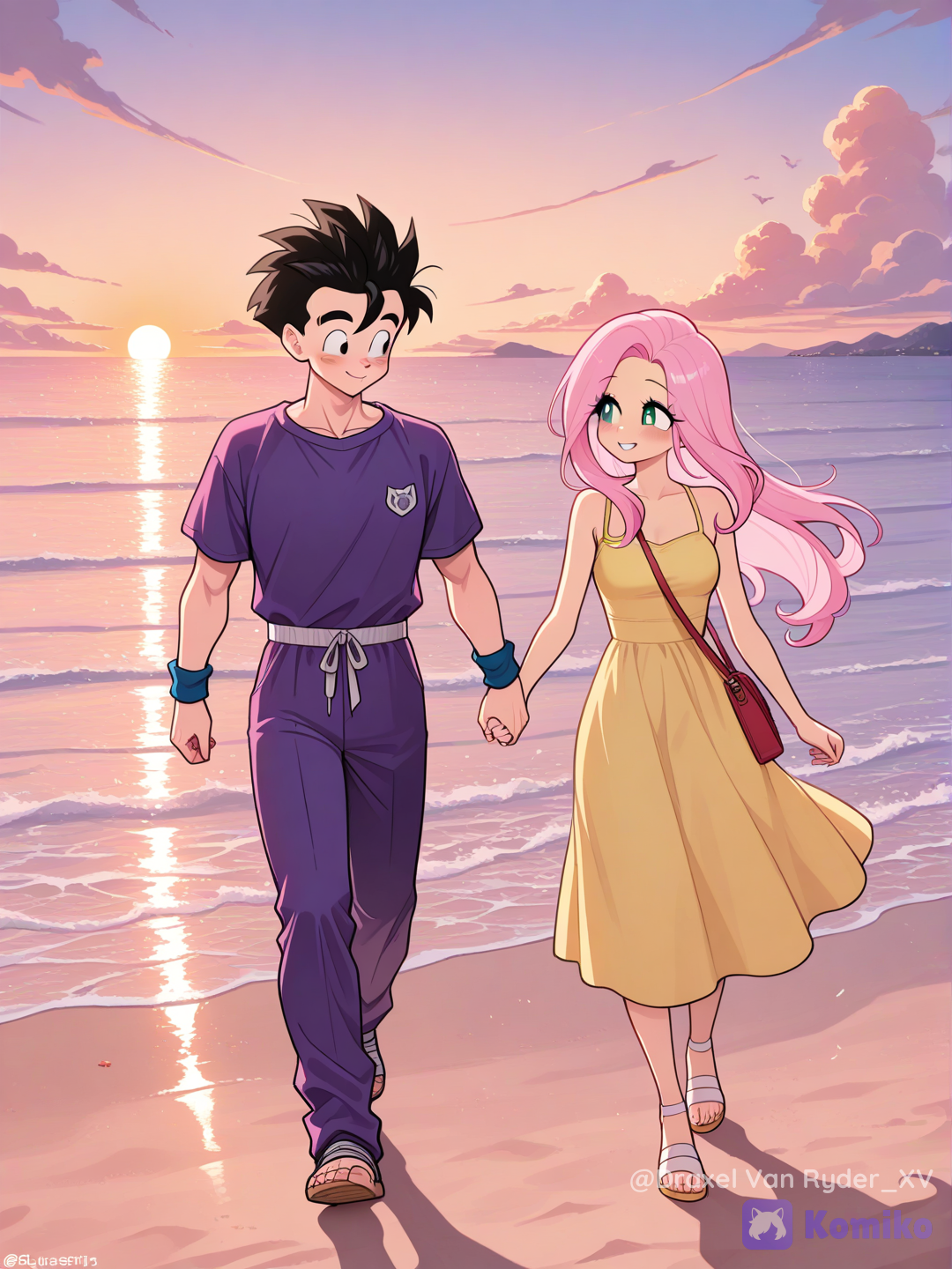 Gohan y Fluttershy paseando por la playa