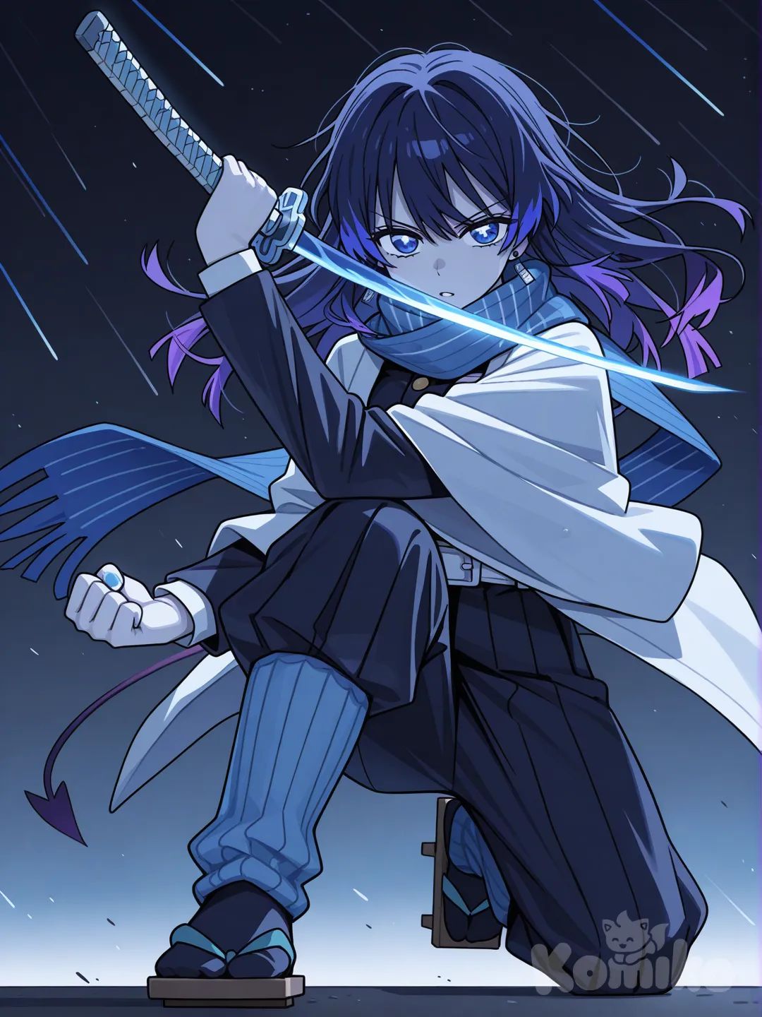 [toon-shaded-style] kimetsu no yaiba, 1 girl, anime, Demon slayer, teenager, slim, short, long hair, Messy bangs,Messy hair,Navy blue hair,blue hair,purple hair, blue eyes, big eyes, glowing eyes, sparkling eyes, soft features, fair skin, smooth skin, glowing skin,Demon slayer Uniform,Comet themed haori,Geta,Legwarms,Armwarm, earrings, necklace, belt, blue nail polish, scarf, with fluffy dove on the shoulders,White bangs over eyes,White in battle with a sword fighting.Base: Standard Demon Slayer uniform
Colors: Deep navy or black (classic), but with comet accents
Details:

Thin silver streak running down each sleeve (like a comet trail)

Light blue or white stitching at the seams

Small comet emblem on the left shoulder

Pants or skirt both work

Gloves optional, but can have tiny sparkles.Arm Warmers

Base Color: Deep navy blue

Length: Wrist → just below the elbow

Design:

A thin comet streak in light blue/icy blue running diagonally along the top of the arm

Small silver or white sparkles scattered along the streak, like stars trailing the comet

Optional tiny star charm near the wrist for a cute, playful touch

Cuff: Light blue ribbed edge, soft and cozy



Base Color: Navy blue (matching the arm warmers)

Length: Ankles → just below the knees

Design:

Two comet trails running vertically along the front of each leg

Sparkles/stars scattered lightly along the trails

Slight gradient at the bottom: navy → icy blue, giving a “light fading into speed” effect

Top Edge: Ribbed, light blue trim for a soft, youthful look


✨ Overall Vibe

Soft and cozy enough for a 14-year-old beginner

Still dynamic and magical, perfect for her Comet Breathing style

Matches her uniform: dark base with icy comet-blue accents
Shape: Long and thin, drapes loosely around her neck

Base Color: Deep navy blue

Pattern:

One bright icy blue comet streak starting at one end and fading across the scarf

Tiny white or silver sparkles scattered along the streak

Ends: Pointed or slightly jagged like a comet tail

Effect: Looks like she’s leaving a comet trail as she moves.Base: Dark blue lacquered wood

Straps: Gradient from dark navy → icy blue

Decoration: Tiny streaks along the sides of the base, mimicking comet trails

______________________________
CHARACTER SHEETS 
Expressions,Poses, Weapon 

Very messy hair that's very messy and long messy bangs no haori Blade: Slightly curved, silver steel with faint light-blue streaks along the edge

Hamon: Shaped like a comet tail (thin streaks along the blade)

Tsuba (Guard): Small star or comet-shaped cutout

Handle: Navy blue with icy-blue ribbon wrap, small silver star at the pommel
_________________________
No haori's is beginner 
Character sheet