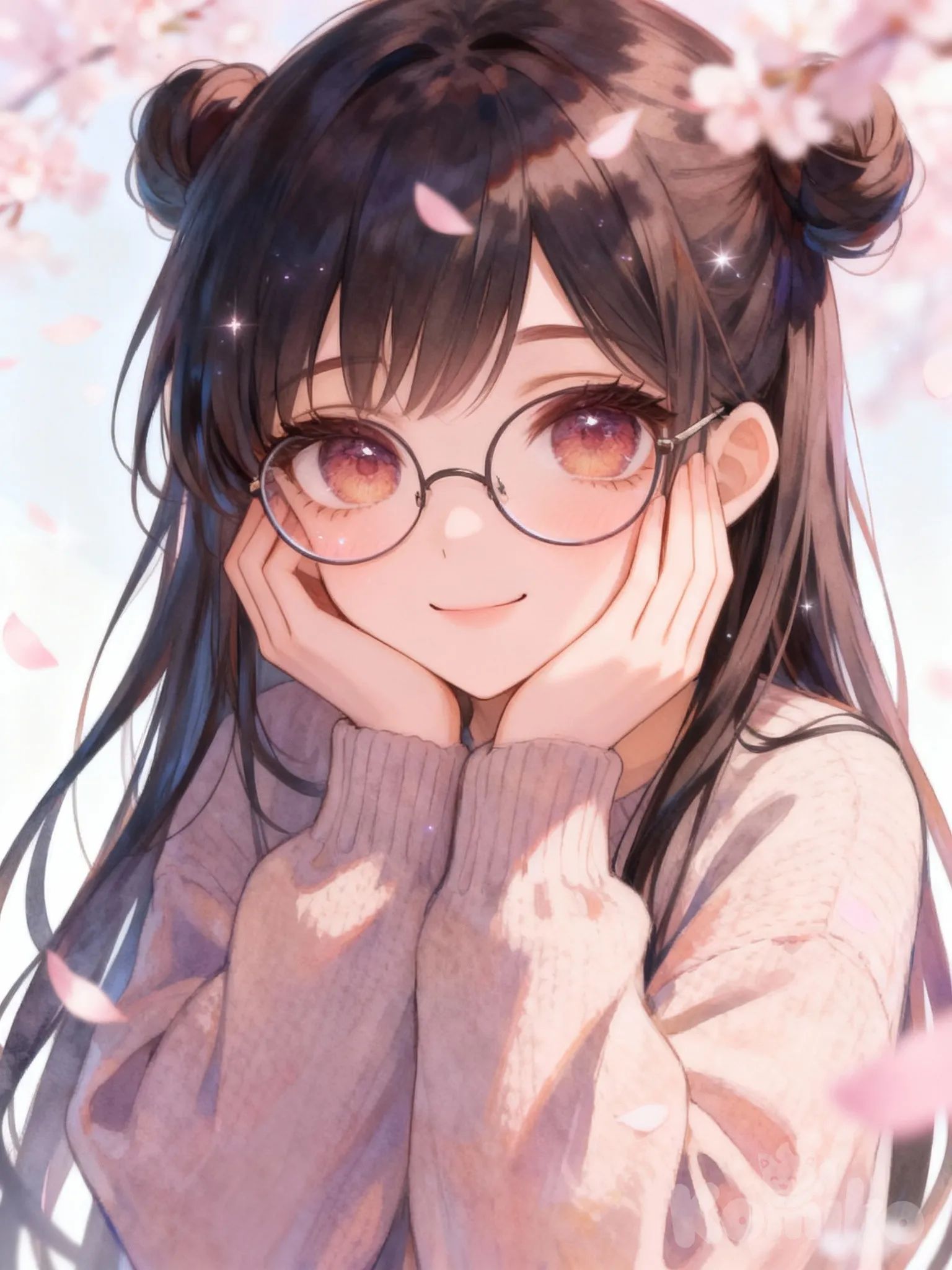 @hong-yan-UnQ9,anime style portrait of a cute young girl with long dark hair, twin buns hairstyle, round glasses, cozy sweater, hands gently holding cheeks, soft cherry blossom background, dreamy pastel lighting, hair strands, expressive anime eyes, subtle sparkles, watercolor anime style, cinematic softness, high detail, smooth shading, warm color palette