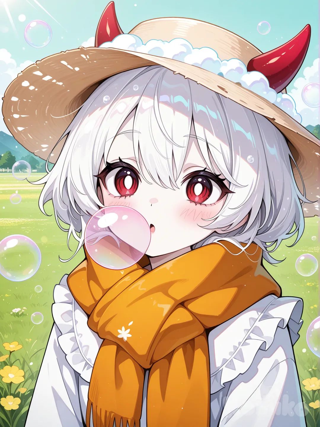 An anime-style character, depicted from the chest up, is positioned slightly right of the image's center, blowing bubbles. The character has pale skin, white hair, and large, wide eyes. It is wearing a white dress, a brown hat with white accents, and a long orange scarf. Two small red horns protrude from the hat. The character's face is flushed, and they have a slightly open mouth, suggesting they are blowing bubbles. Large, luminous bubbles float in front of the character, some catching the light and reflecting it. The background consists of a green, grassy meadow with softly defined yellow figures. The composition emphasizes the character and the bubbles, creating a sense of joy and playfulness. The lighting is soft and even, highlighting the bright colors. The overall atmosphere is lighthearted and whimsical.