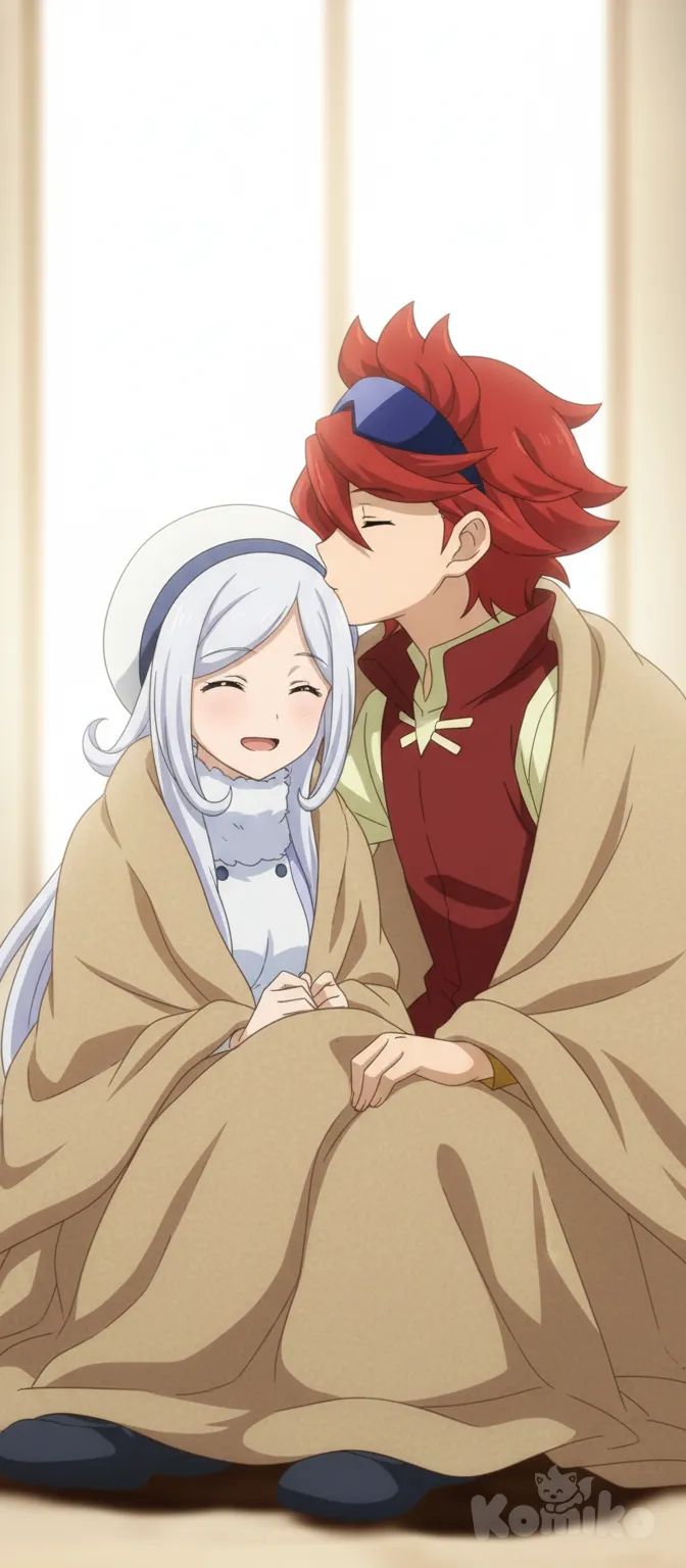 sitting close together under a beige blanket, cozy indoor atmosphere, the boy gently kissing the girl’s forehead, the girl smiling happily, warm lighting, soft romantic tone, simple white background, anime style, gentle expression, 1boy, 1girl, 2people