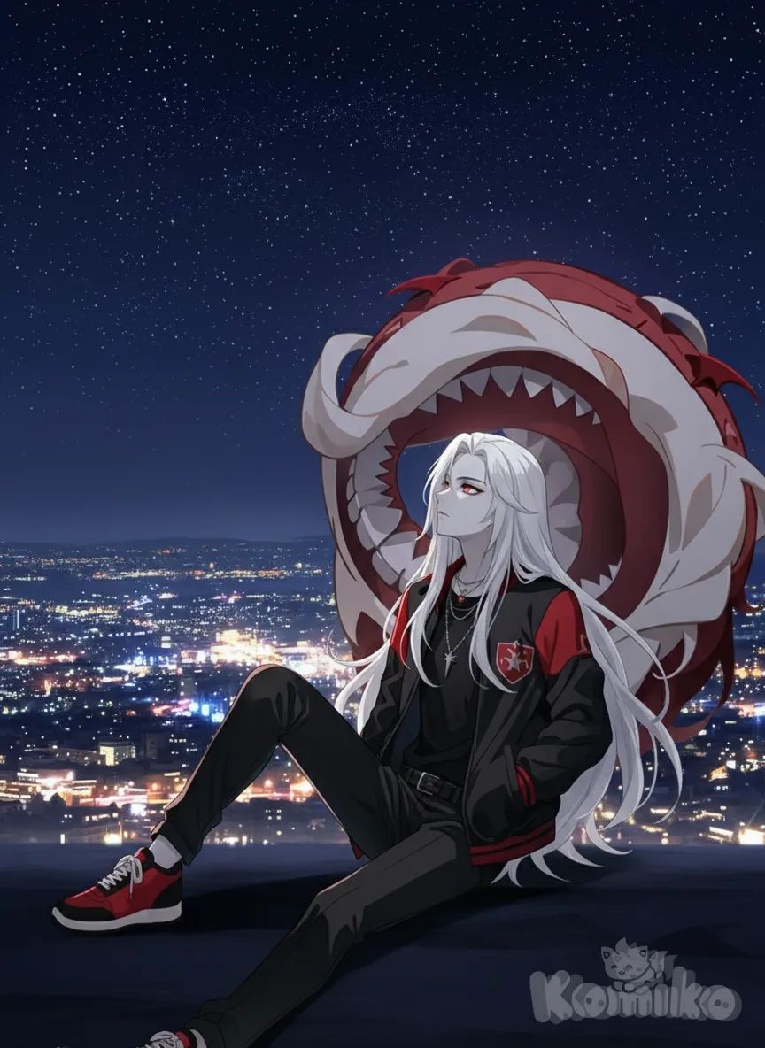 <kael-nightfall-dHtJ>, anime coloring, soft shadow, sitting on the ground, head tilt, on back, gradient background, cityscape, starry sky, city lights, wide shot, looking away