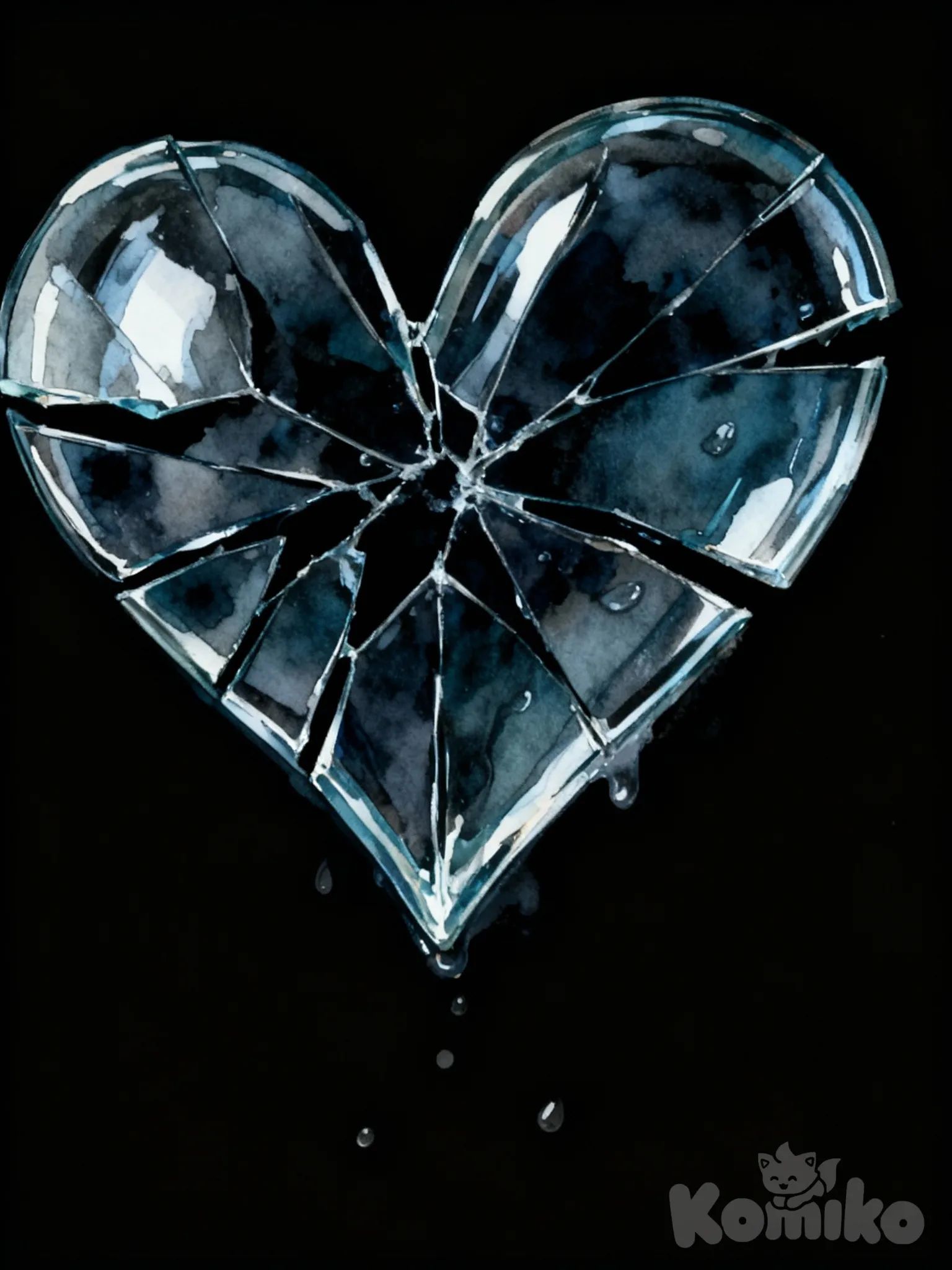 The style needs to match the reference but I want a broken heart version, make the black ground in depressing mood, and also the whole picture should be in a dark tone. The broken heart could be somehow seems breakable like glass or half transparent thingy with no clear lineart, instead, use the contrast between the glass and black background to separate them. emphasise on the brokenness of heart, not only a clear cut but multiple cracks and residues oil background