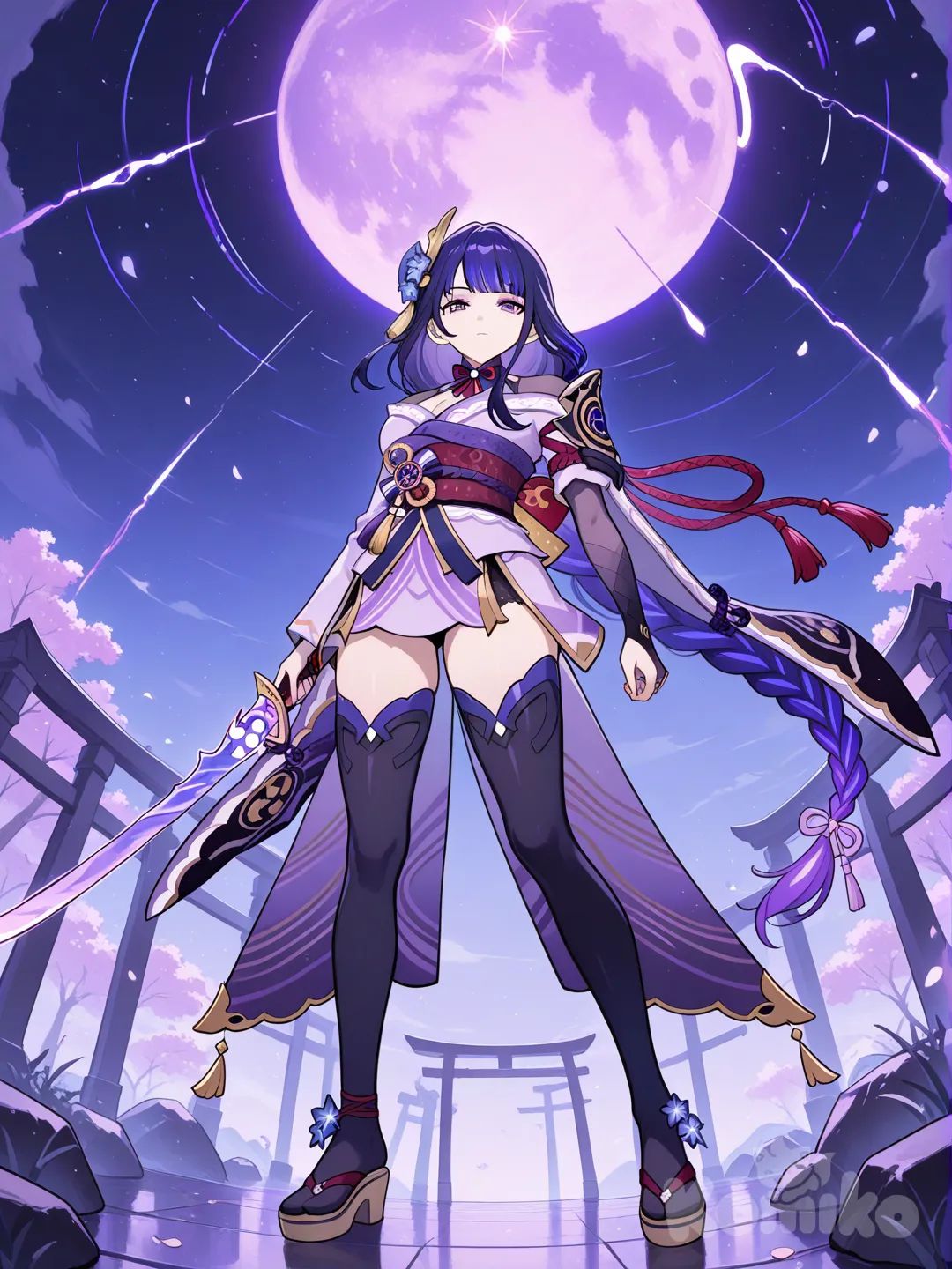 Raiden_Shogun, holding sword, expressionless, full body, from below