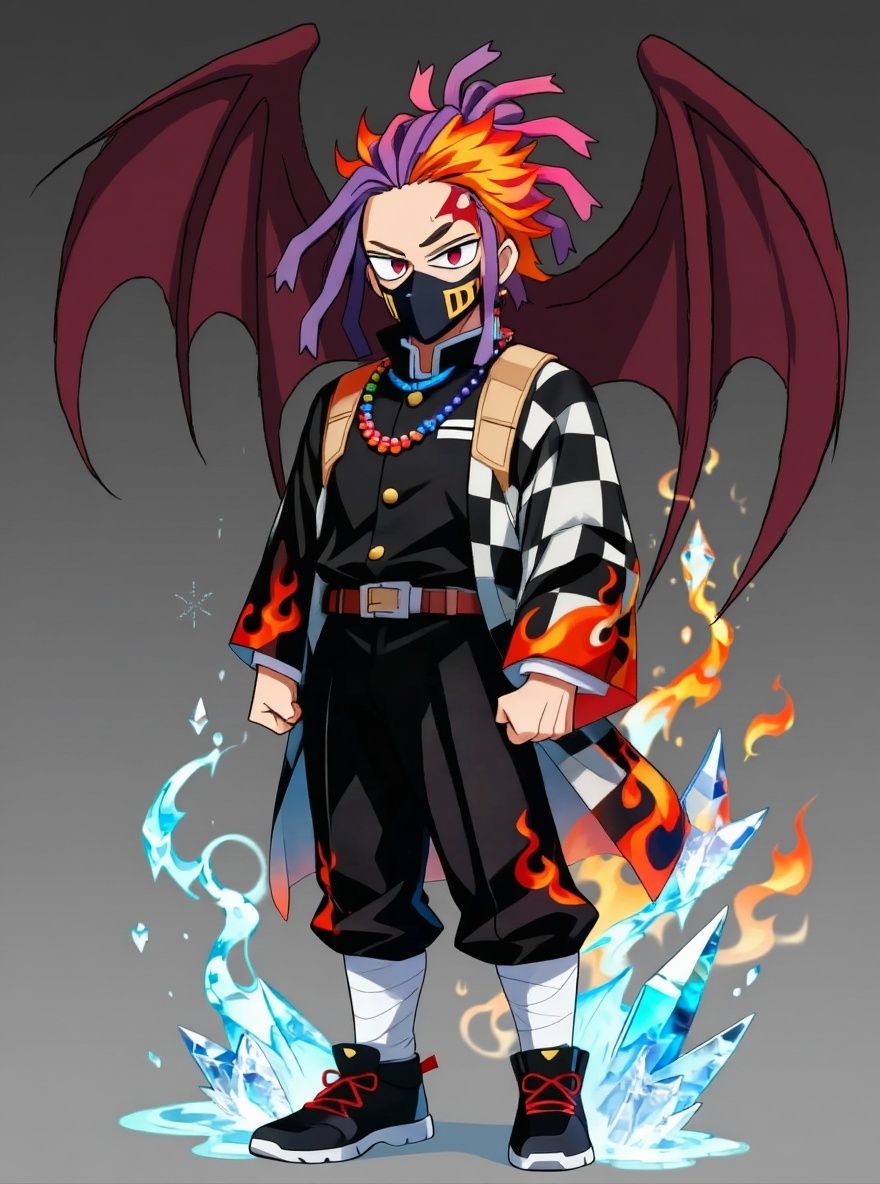 1boy, fusion of tengen uzui, giyu tomioka, kyojuro rengoku, demon slayer background, single character, full body, looking at viewer, anime style, simple background