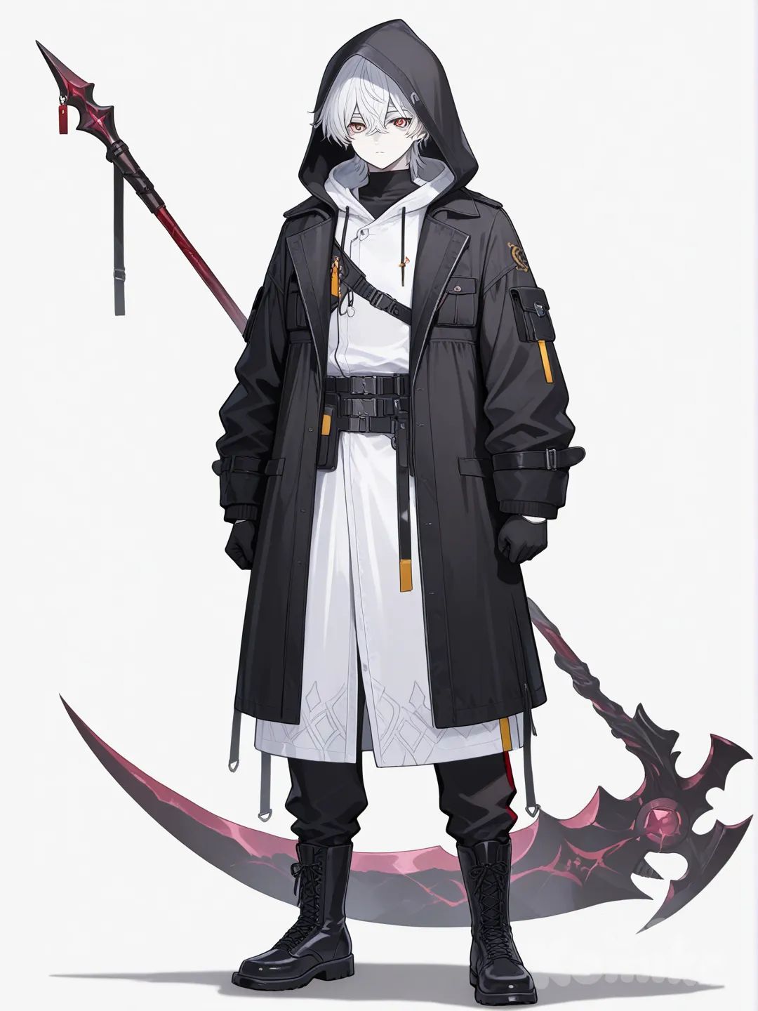 1boy, holding scythe, golden eyes with red dot, hooded coat, white background, the clothes are predominantly black and white, full body, white skin