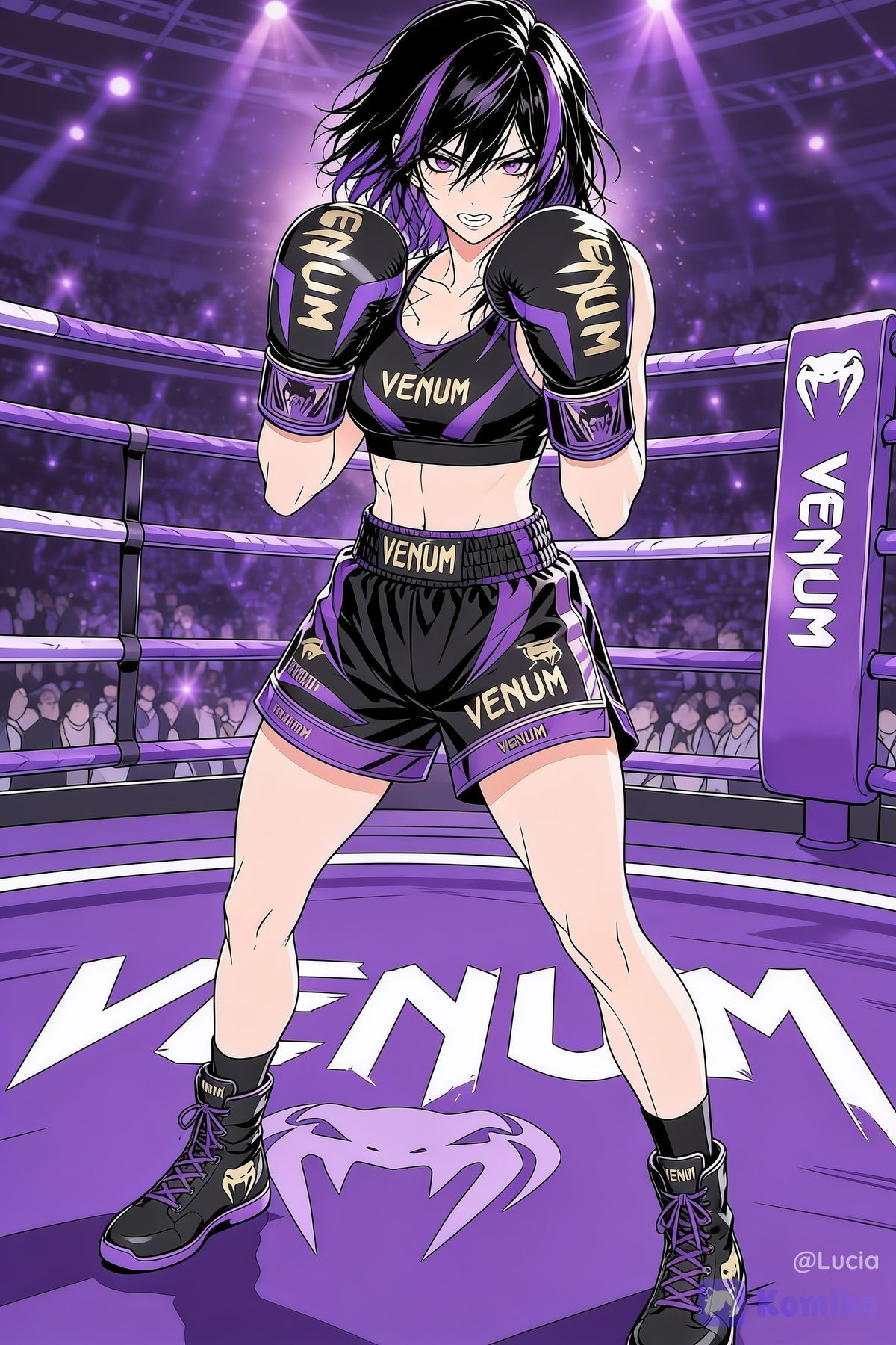 Female boxer with Venum company name full photo