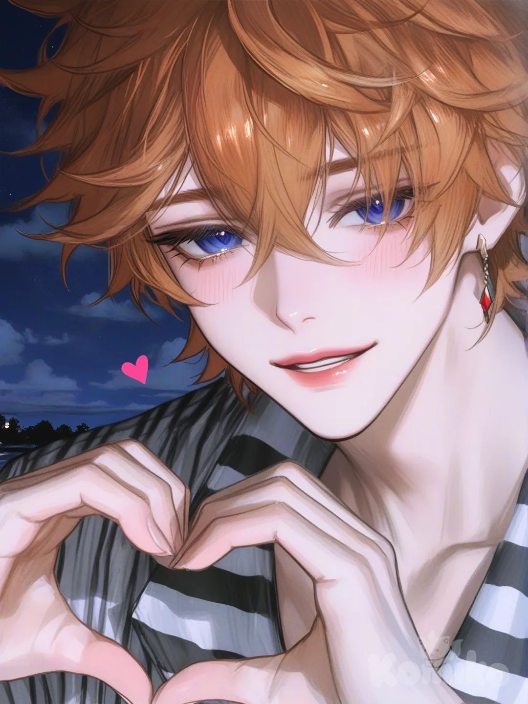 @Tartaglia_(Genshin_Impact), [semi-realistic-portrait-style], heart hands, striped shirt, closeup, night, cloud, blushing, smiling