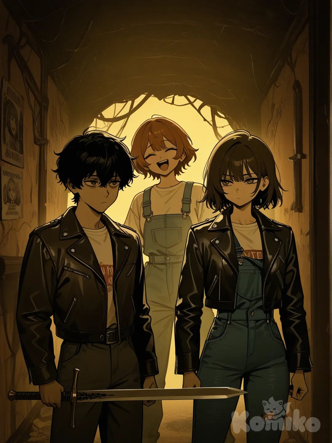 holding sword, expressionless man, and a laughing girl stealing his sword in a abandoned hideout, the girl is wearing , overalls, and the man is wearing a leather jacket, [deep-fried-meme-stylenow she is pouting about his sword