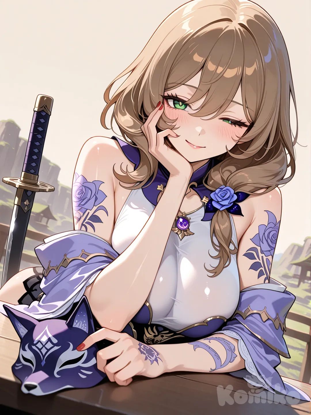 SmoothNoob_Quality, newest, very aesthetic, absurdres, (scenery:1.4), 8k, good anatomy, good shading, ultra refined details, high resolution, HD, masterwork, CRYOS2, Y0ney4m4_illu,digital art, surreal, dynamic composition. high resolution, sharp focus, 1girl, lisa (genshin impact), brown hair, green eyes, long hair, low tied hair, big breasts, big ass, rounded ass, covered ass, erotic vibe, bare shoulders, hand on own face, lips, off shoulder, blush, wolf mask, japanese clothes, fingernails, kimono, sleeveless, sitting, winking, lustful grin, looking at viewer, head rest, sword, katana, solo, holding, brown background, upper body, tattoo, weapon, jewelry, arm tattoo, shoulder tattoo, nail polish, red nails, closed mouth, holding mask, unworn wolf mask, hand tattoo, motion blur, (dutch angle:1.1), (depth of field:1.3). 4ur4_illu,shiny, D4rkL1nes