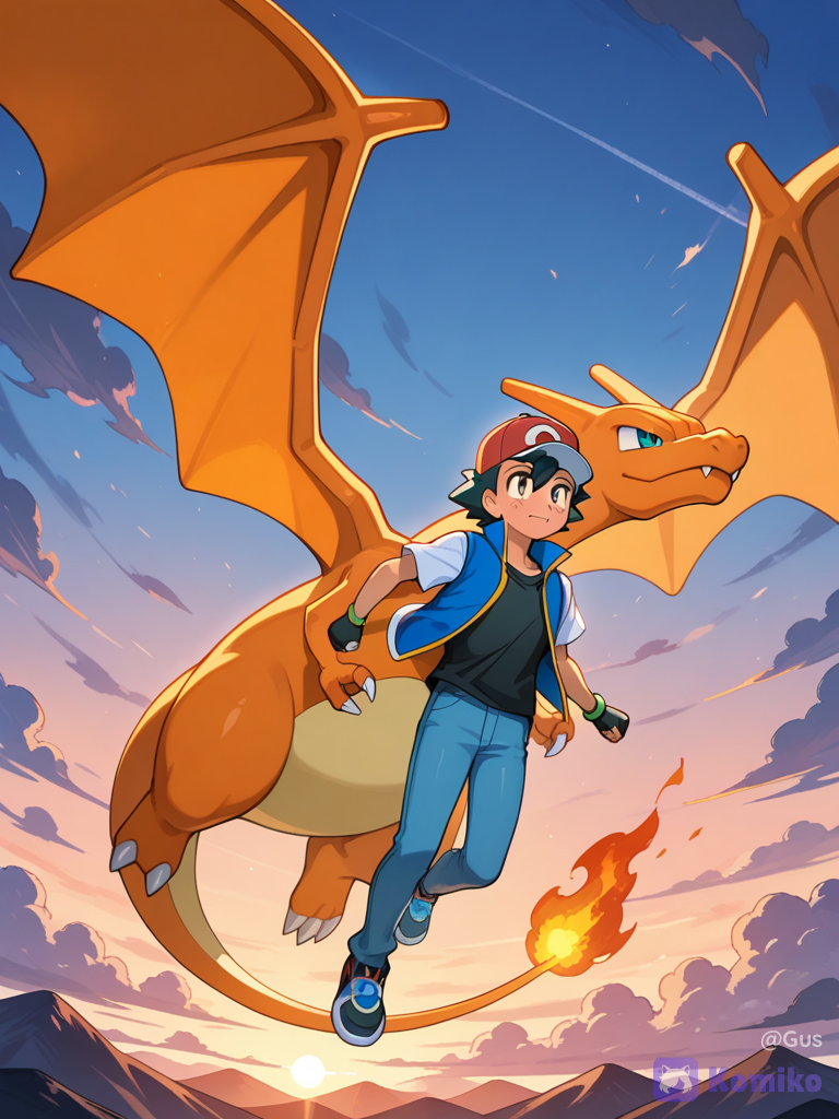 Ash voando com Charizard! 🌅✨