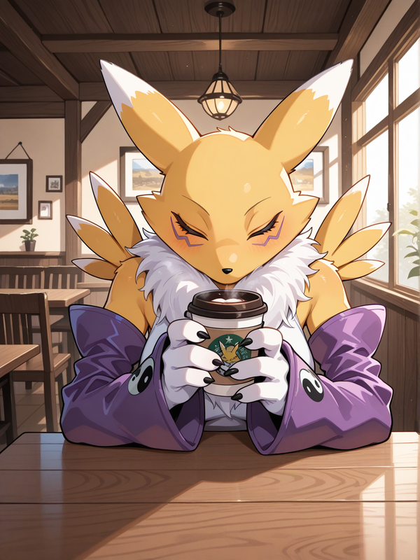 Having some coffee with Renamon