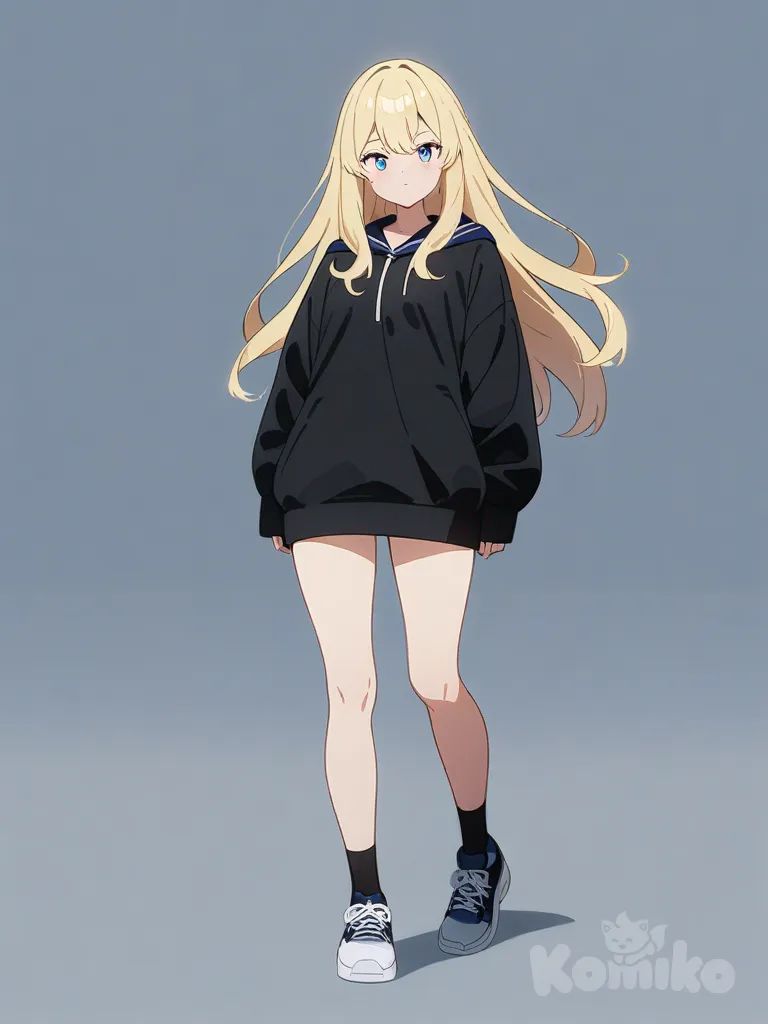1girl, tall, skinny, blonde hair, long hair, blue eyes, high school, single character, full body, looking at viewer, anime style, simple background, white background