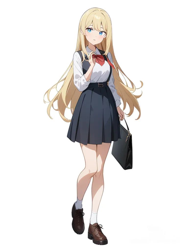1girl, tall, skinny, blonde hair, long hair, blue eyes, high school, single character, full body, looking at viewer, anime style, simple background, white background