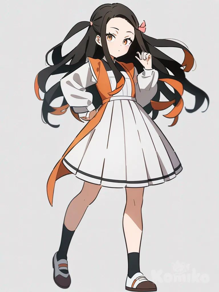 1girl, nezuko, brown hair, orange hair tips, single character, full body, looking at viewer, anime style, simple background, white background