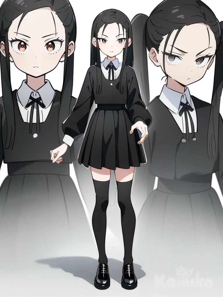 1girl, 1boy, Wednesday Addams, teenager, tall, black hair, brown eyes, single character, full body, looking at viewer, anime style, simple background, white background