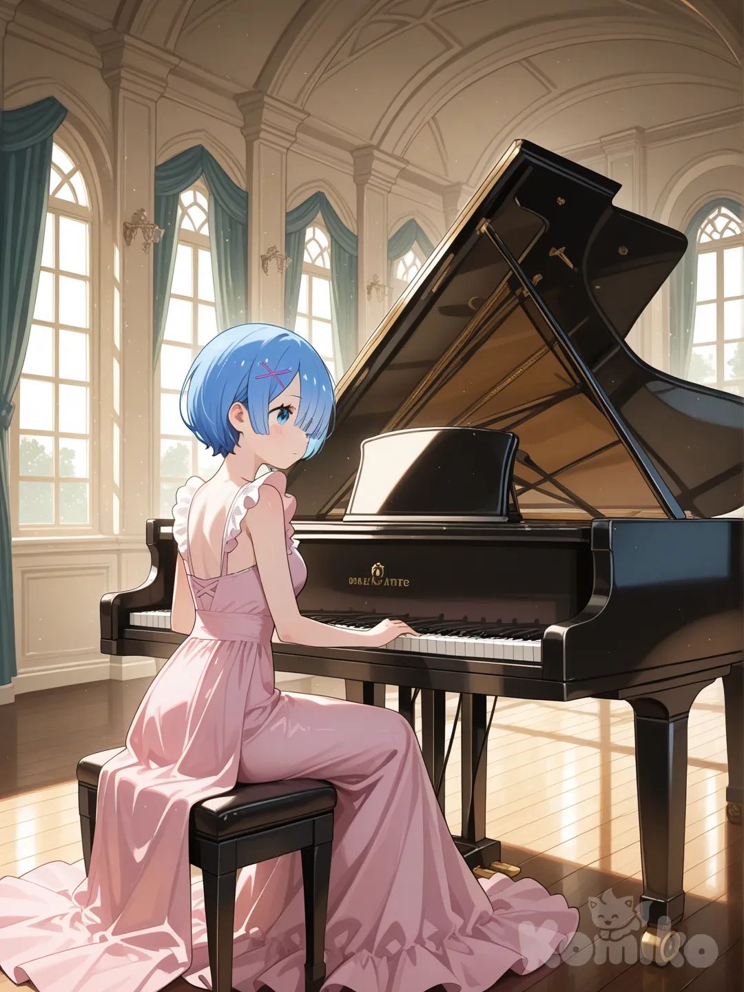 @Rem_(Re:Zero), Rem, dressed in a flowing pink dress, playing a grand piano in an elegant setting. She has a concentrated expression; light streams in through the windows while inside it's dim. Rays of light divide the composition, and soft light floats in the air, lending the scene a melancholic ambience