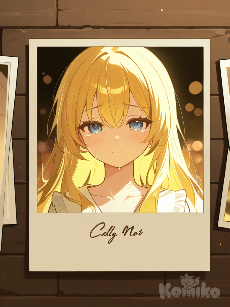 anime girl surrounded by floating photo pieces, memories fading, emotional sadness, soft glow, dream