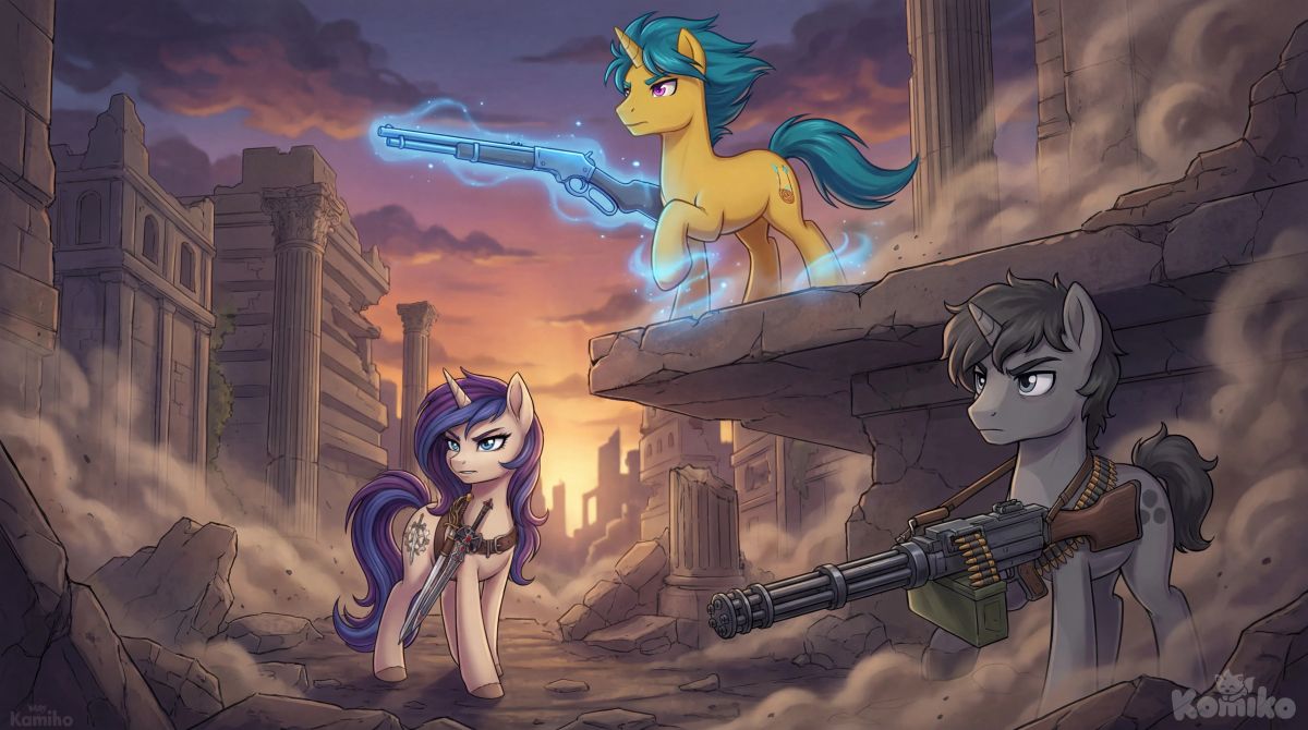 city ruins, a yellow stallion on the edge, a lever-action shotgun in blue magic, a beige mare in the middle, just below the yellow one, a sword on the belt, a gray stallion on the side below the beige mare, a machine gun hanging on the neck. , anime style