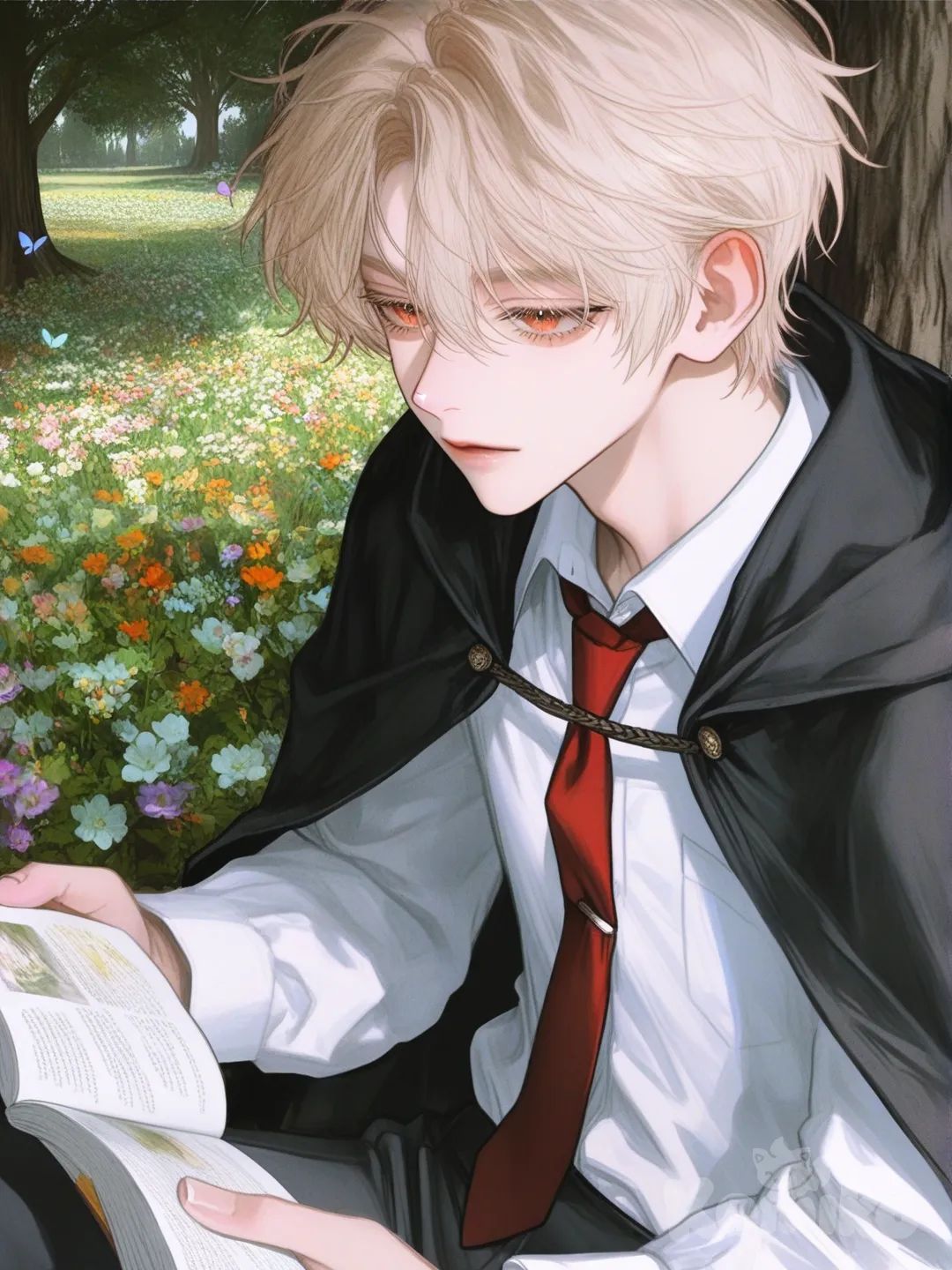 [semi-realistic-portrait-style] An anime boy with white-blonde hair, wearing an outfit...A young anime boy with white-blonde hair, wearing a white school uniform with a black cape, a red tie, and black trousers, has reddish-orange eyes. He sits reading a book under a large tree, bathed in beautiful sunlight, surrounded by butterflies and lovely flowers.