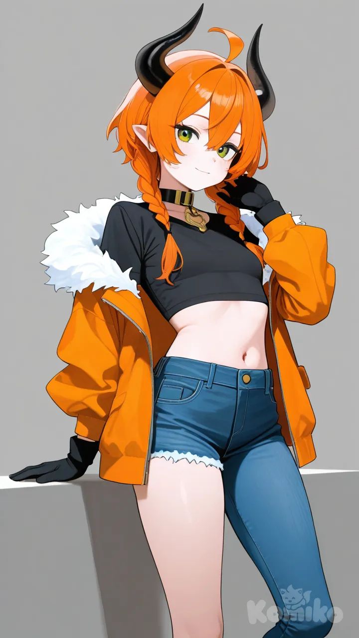 1 girl, Teenage,orange hair with black tips and highlight, peace tone skin, emerald green eyes with dark lines, light small breasts, athletic body around breast, pumped ass, 6 ft tall, a Black Horn desd center in head, wearing some black gauntlets with blue gems at the knuckle, blue jeans with one short leg one long, orange jacket whit black trim & white fur collar, and a black and gold neck collar. Braided hair across the front around the back