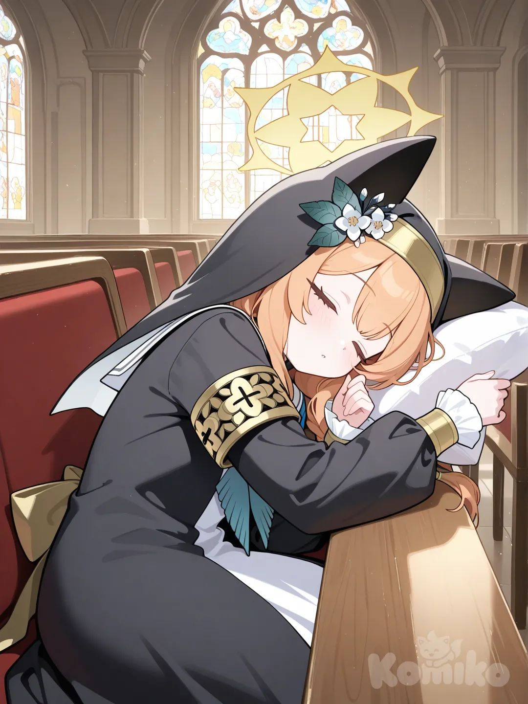 mari (blue archive),from side,lying on the bench,sleeping,closed eyes,
in church