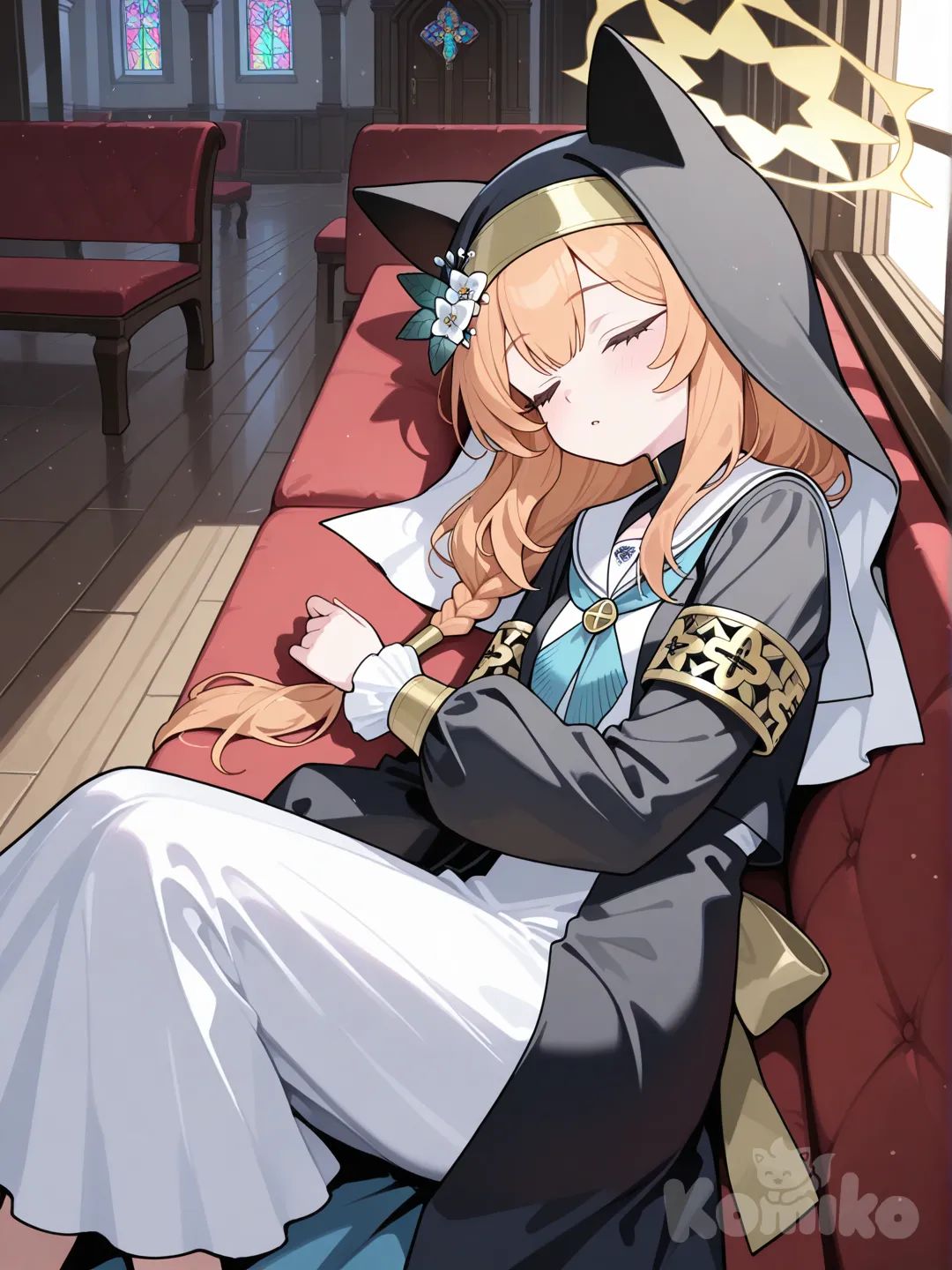 mari (blue archive),from side,lying on the bench,sleeping,closed eyes,
in church