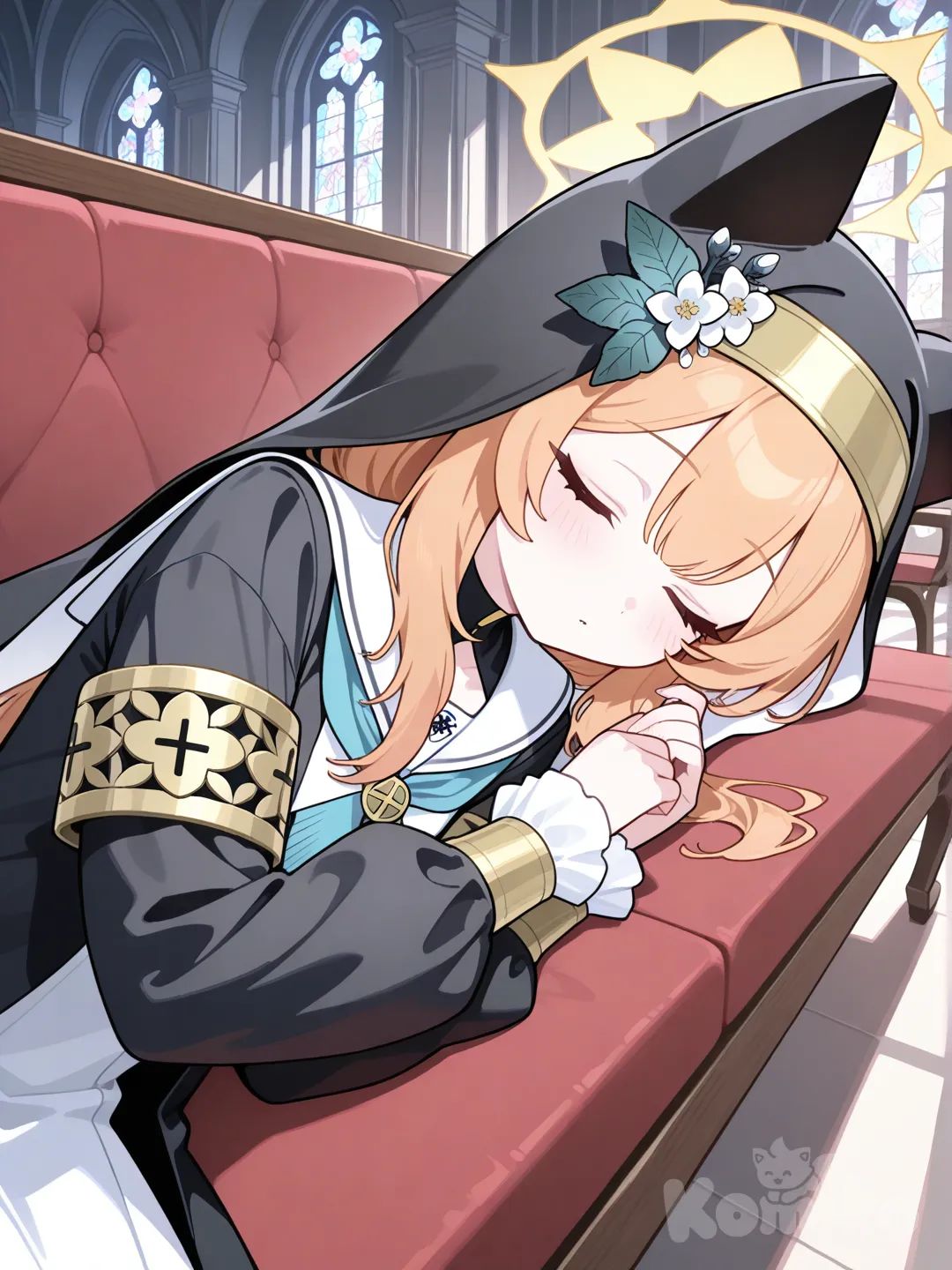 mari (blue archive),from side,lying on the bench,sleeping,closed eyes,
in church